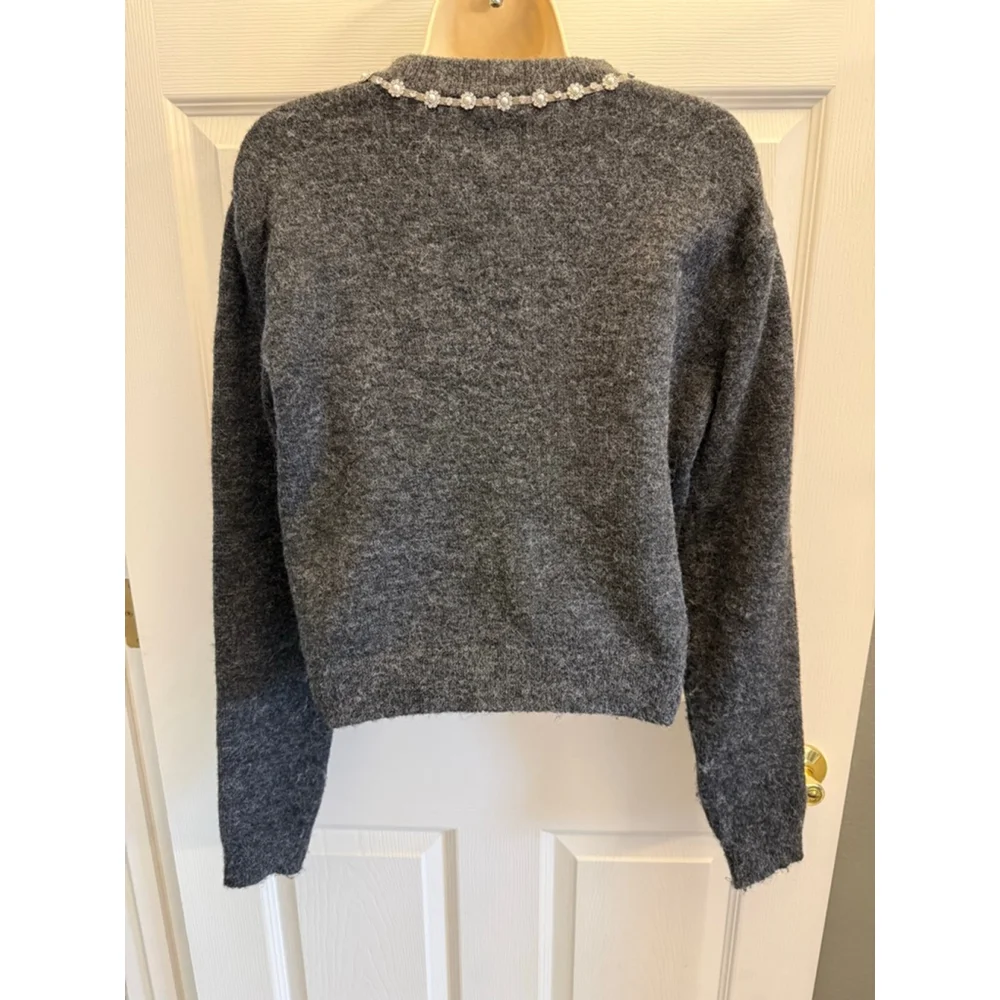 Maeve by Anthropologie embellished crew-neck cardigan sweater gray XS